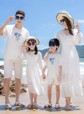 2025夏装新款亲子装一家三口海边度假母女装沙滩裙白色仙女裙长裙