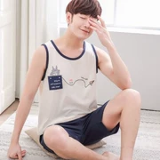 Fat big boy đồ ngủ nam mùa hè không tay quần short teen 12-13-15 tuổi cậu bé trung học cơ sở vest vest - Pyjama