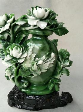精品独山玉翡翠把件牡丹花瓶摆件 石雕玉石原石山水工艺品摆件