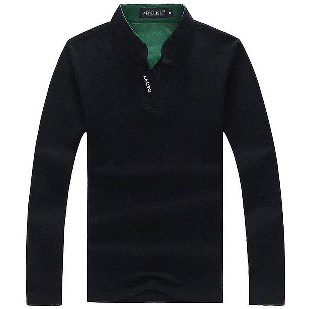 新款长袖t恤男纯棉v领大码纯色polo衫 Men's Long Sleeve tshirt