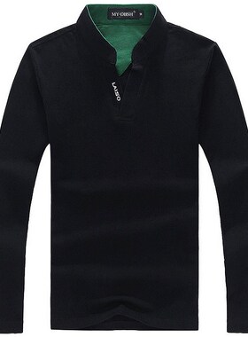 新款长袖t恤男纯棉v领大码纯色polo衫 Men's Long Sleeve tshirt