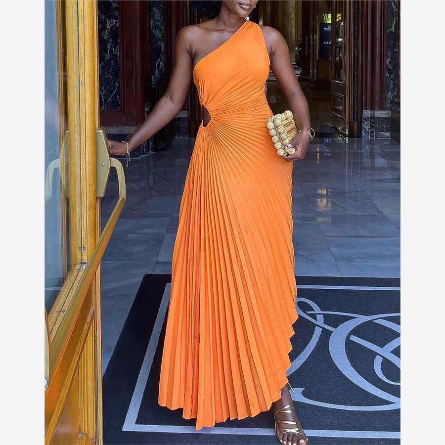 压褶单肩镂空派对纯色连