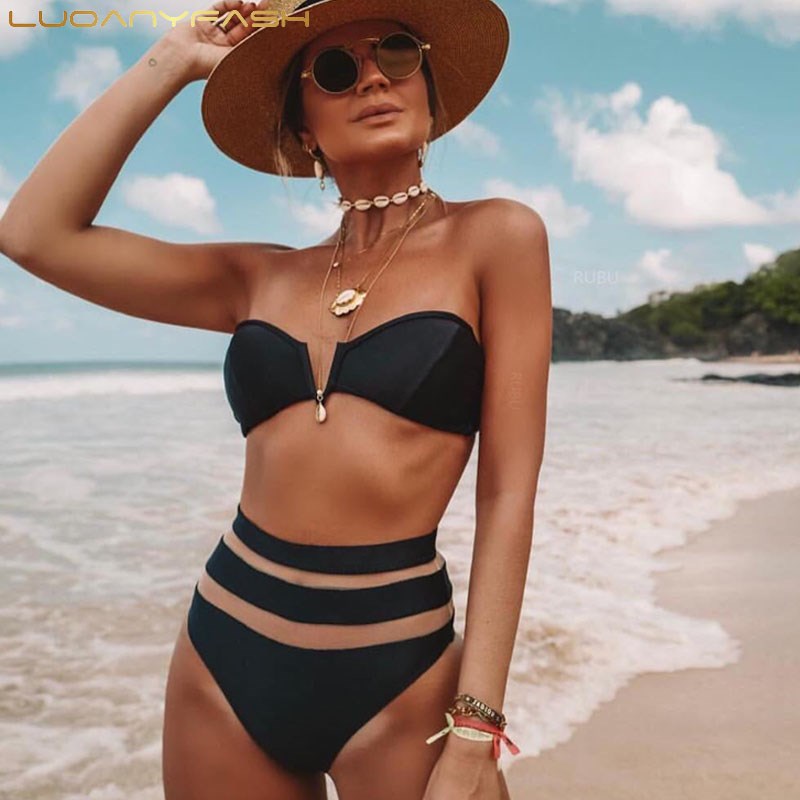2019新款温泉分体泳衣V领网纱拼接性感高腰抹胸比基尼欧美bikini