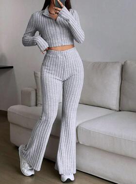 women long sleeved top high waist pants set 欧美风时尚套装秋