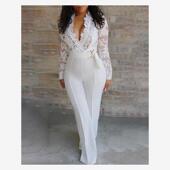 蕾丝白色连体裤 Plunge 女 Insert Jumpsuit长袖 Lace Bodice