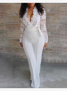 Plunge Lace Bodice Insert Jumpsuit长袖蕾丝白色连体裤女