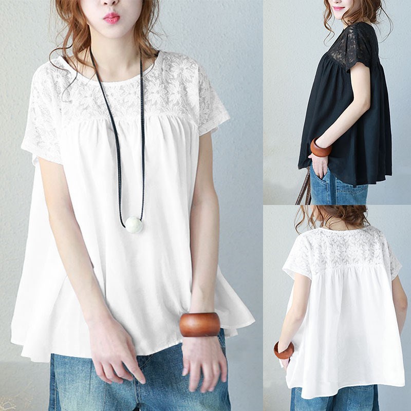 2019外贸新款大码纯色花边短袖衬衫T恤上衣拼接女装women t-shirt