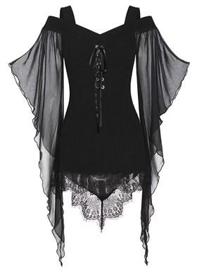 欧美风大摆袖拼接上衣绑带哥特式蕾丝边束身发发奇女士吊带雪纺衫
