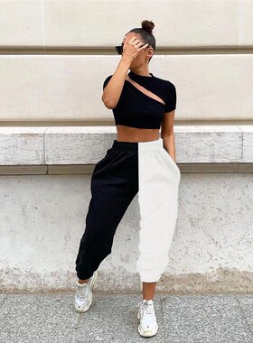 秋冬jazz女装跳舞演出服黑白撞色拼接高腰休闲束脚裤嘻哈街舞长裤