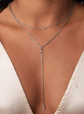 新款欧美饰品时尚简约唯美水晶双层性感金属流苏长款Y形项链女