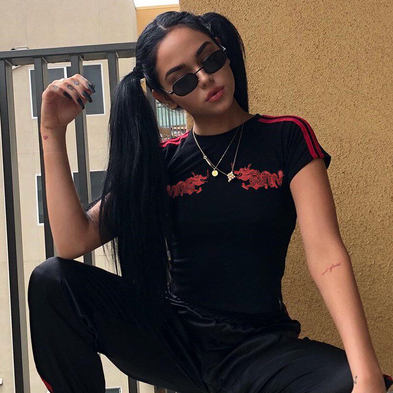 欧美女学生jazz上衣撞色织带中国龙印花短款露脐紧身短袖t恤上衣