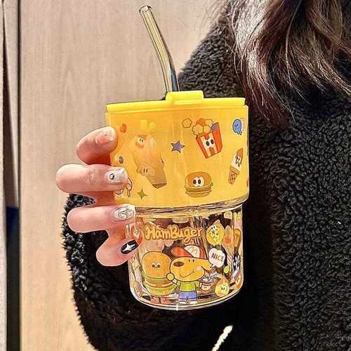 新款直销keir狗汉堡玻璃杯带吸管杯子盖子礼盒可爱卡通家用水杯女