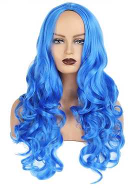 新款直销欧美头套化纤假发女蓝色中分长卷发大波浪COS外贸wigs全