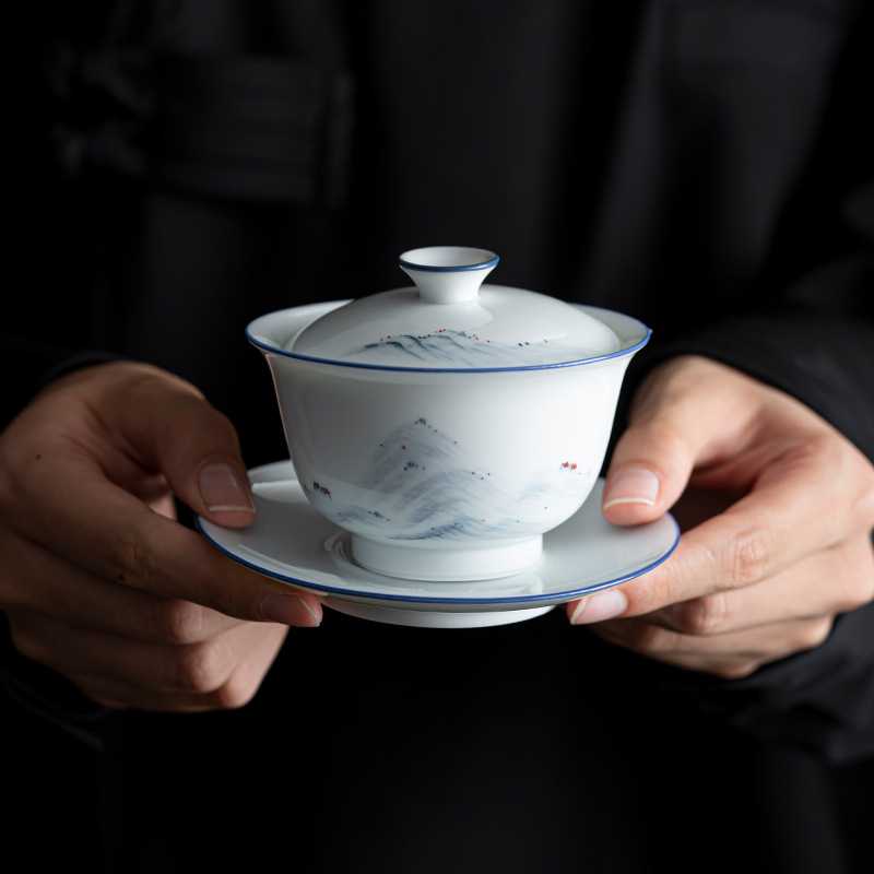 新款直销九匠风手绘三才盖碗影青单个茶杯泡茶碗家用陶瓷中式山水