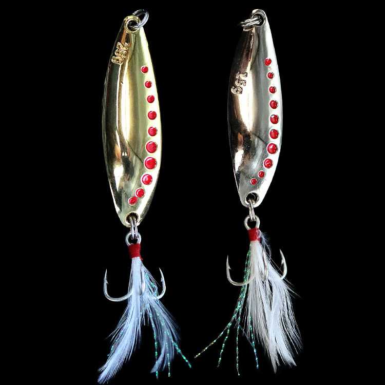 新款直销路亚亮片红点水蛭加强血槽羽毛钩路亚亮片远投金属假饵路