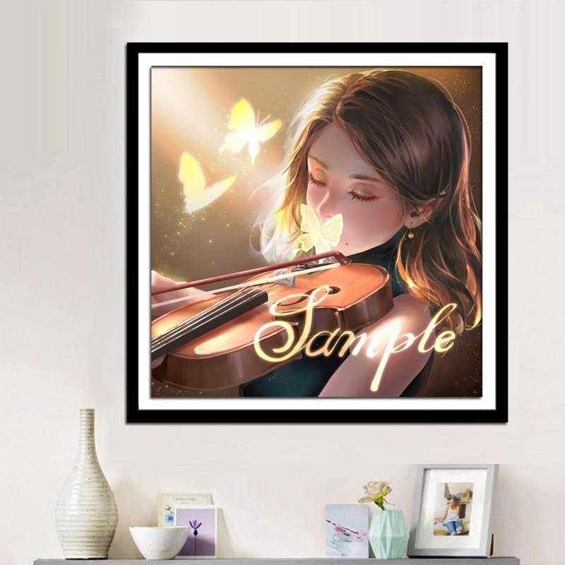 新款直销新款钻石画满钻可爱小提琴女孩唯美少女卡通儿童卧室贴钻