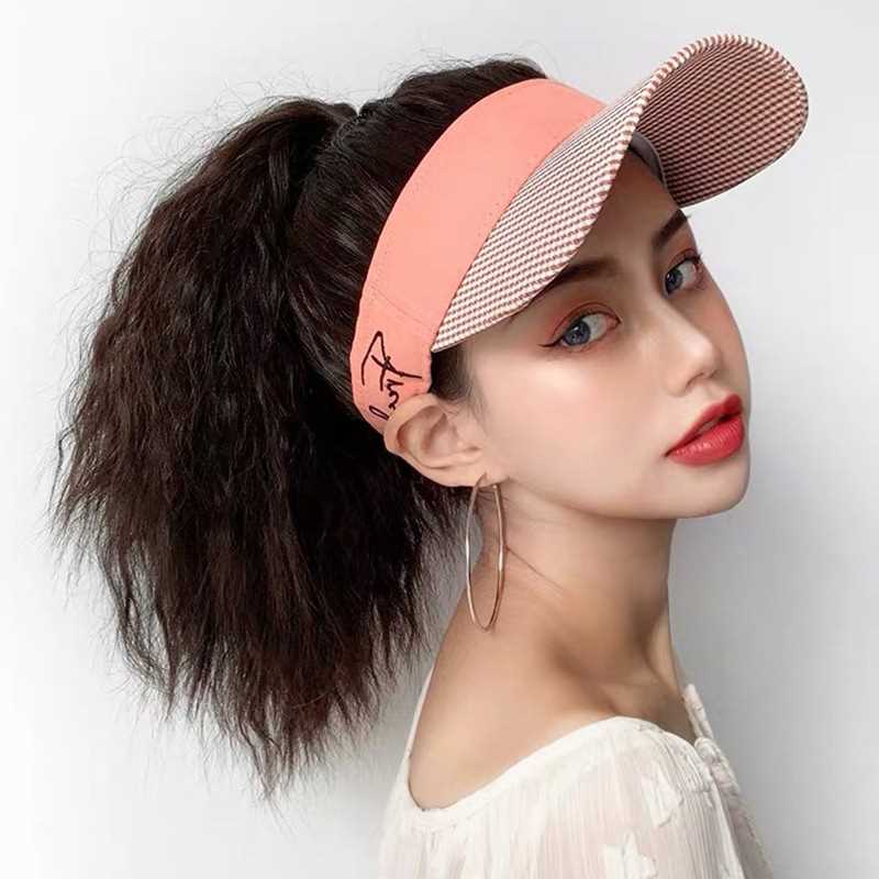 新款直销夏季空顶帽帽子假发一体女 网红玉米烫高马尾假发 短卷发