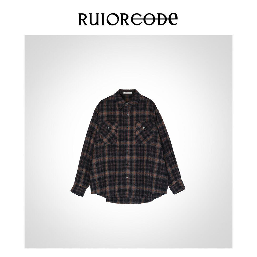 【RUIORCODE】羊毛混纺美式复古宽松格子衬衫外套