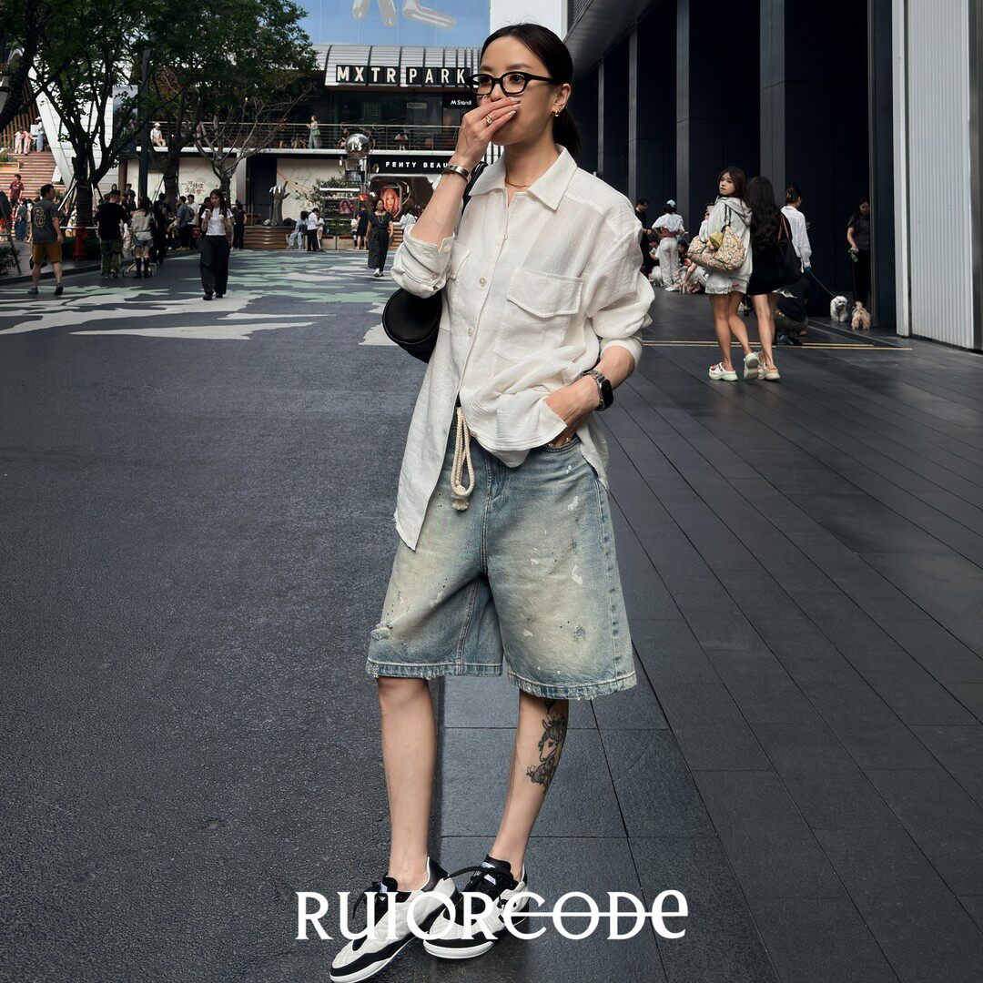 【RUIORCODE】漆点磨破麻绳系带宽松显瘦牛仔中裤