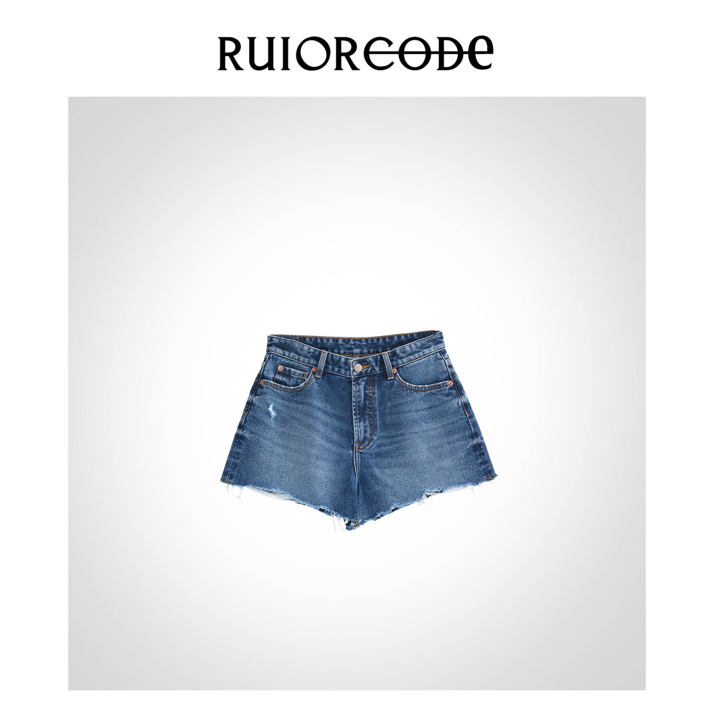 【RUIORCODE】美式街头风 水洗磨破毛边百搭高腰牛仔短裤