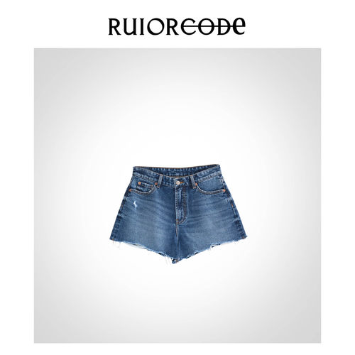 【RUIORCODE】美式街头风 水洗磨破毛边百搭高腰牛仔短裤