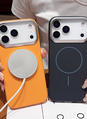 适用苹果16手机壳iphone17半包边15Plus保护壳14防摔磁吸13漏标12ProMax金属大孔视窗边框PC硬壳橙色Air Case