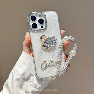 适用苹果17ProMax手机壳iPhone15保护套镶钻立体天鹅16闪钻石14Plus贝壳13闪钻相机框12时尚 Case 白色小众Air