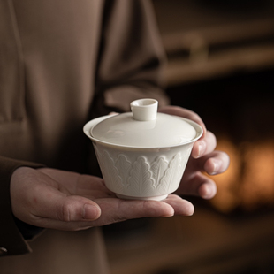 仿宋定窑刻花中式 只此宋瓷 家用办公茶室茶具芭蕉浮雕二才盖碗