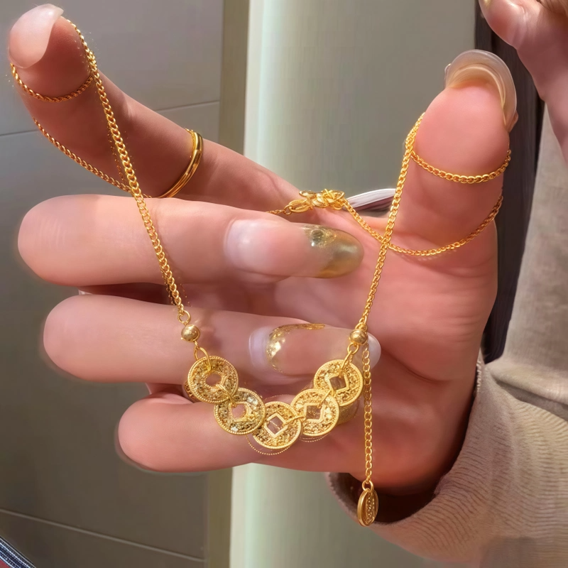 五帝钱币流苏项链女新中式古法金色碎碎冰吊坠锁骨链送女友闺蜜