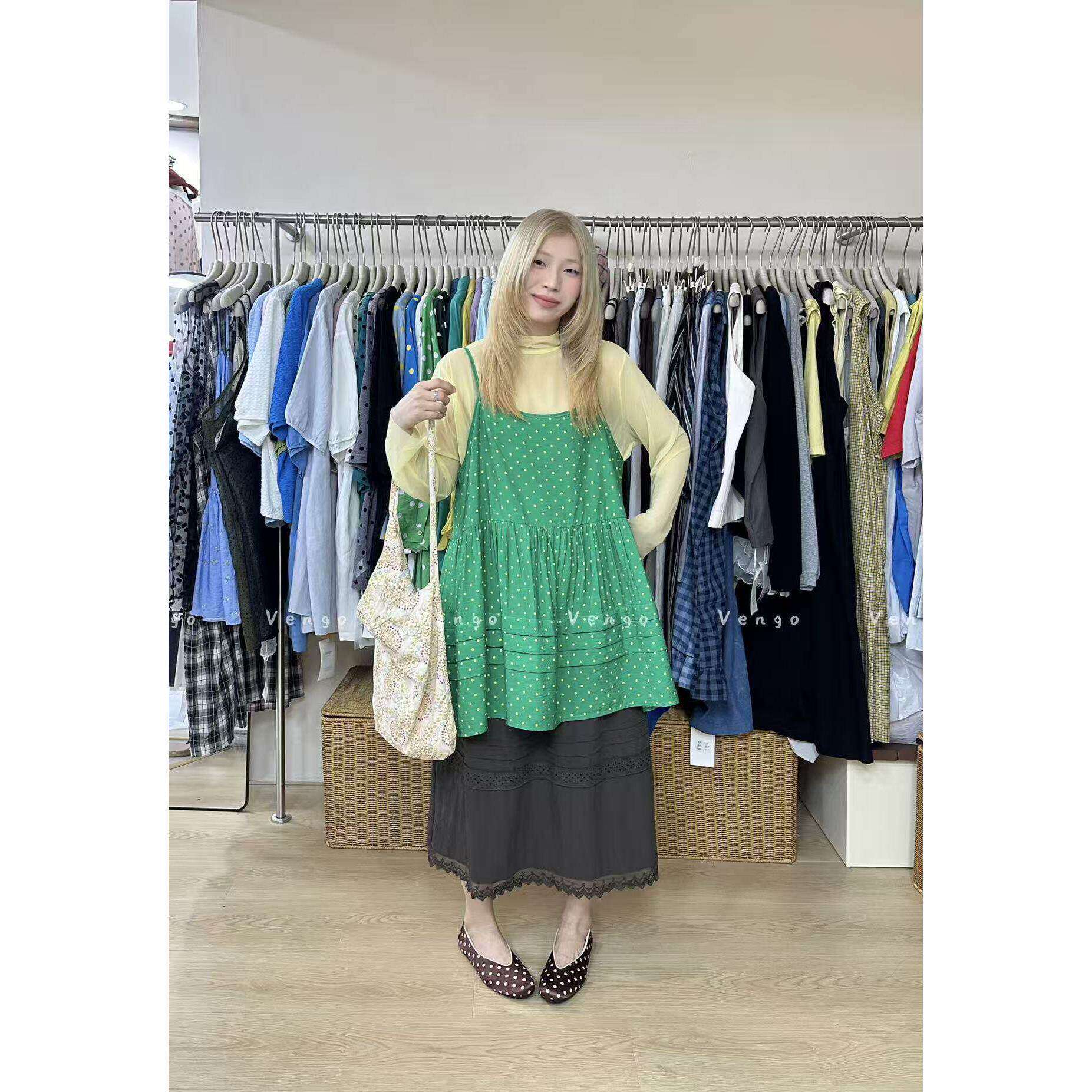 vengo 夏季新款韩版宽松显瘦波点吊带连衣裙女日系大码裙子