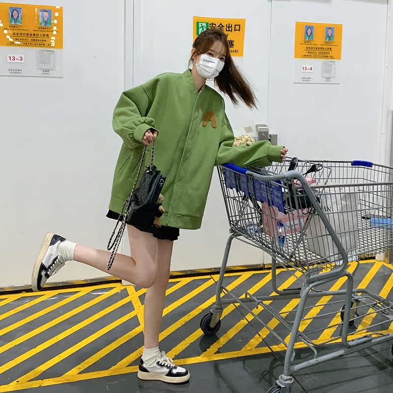 美式复古绿色棒球服外套女2025春季小个子韩系学院风绣花字母上衣，女装卫衣/绒衫，浙宝237