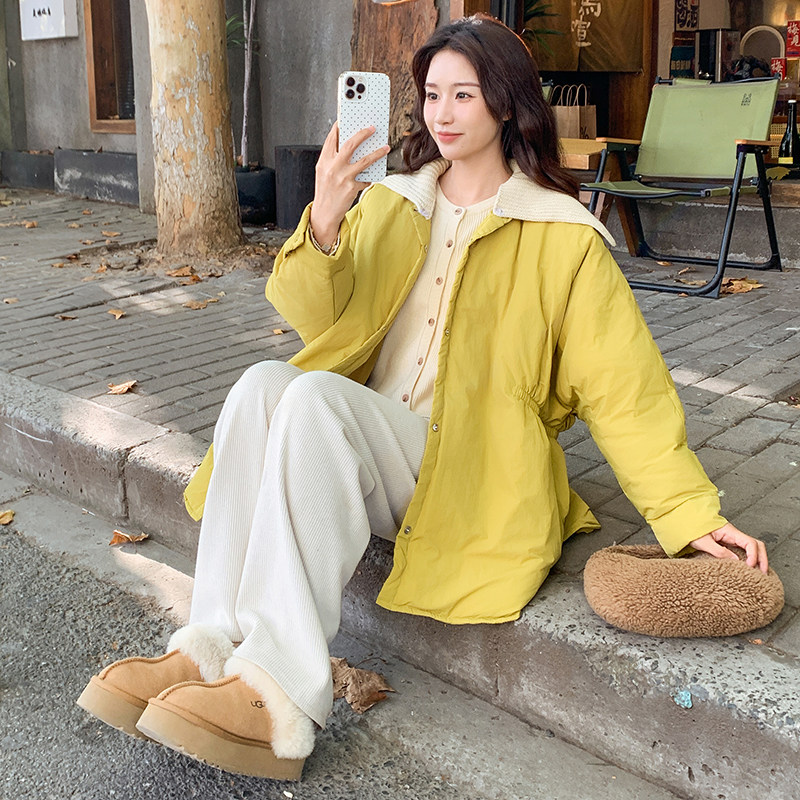 姜黄色针织领现货50白鸭绒冬保暖羽绒服ZB237-6620-P300-K458,女装羽绒服,浙宝237