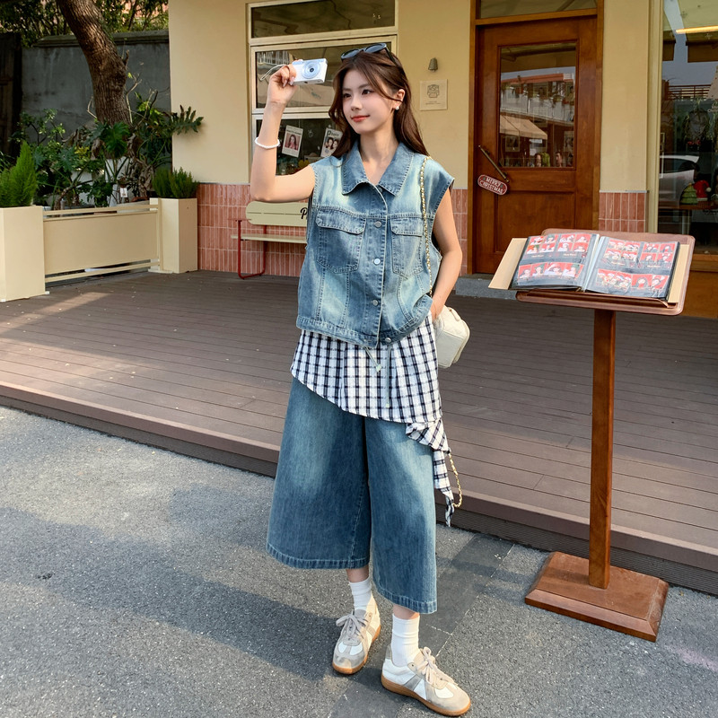 夏现货已出26气质轻熟搭牛仔撞格子两件套RF2C518-2629-P210-K338，女装套装/套裙，浙宝237