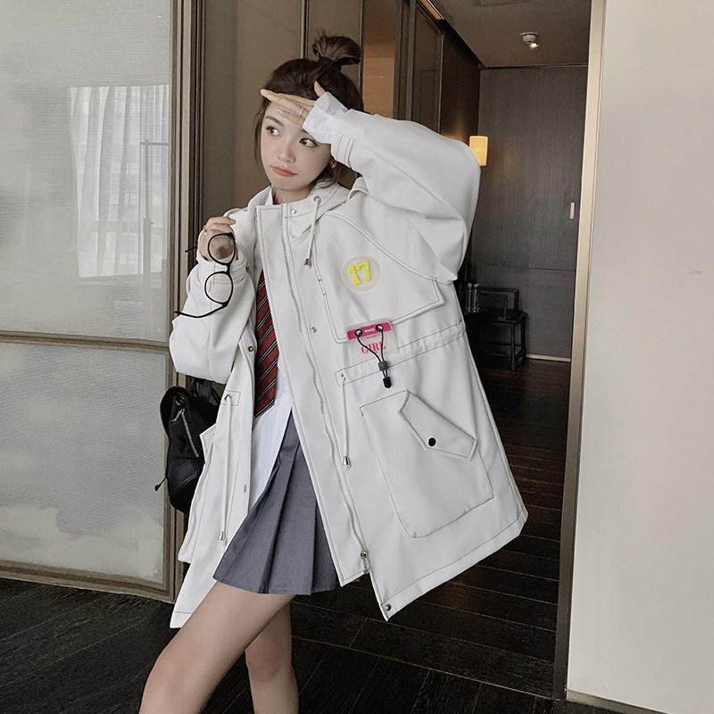 高级感白色连帽工装风衣外套女春秋2025年新款韩版宽松休闲大衣潮,女装风衣,浙宝237