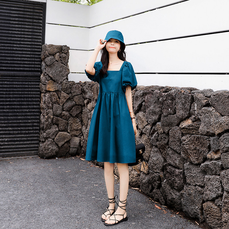 法式赫本风方领泡泡袖连衣裙女夏2025新款小个子宽松显瘦娃娃裙子,女装连衣裙,浙宝237