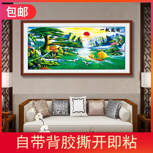 墙画山水风景壁画中堂客厅家居墙贴装饰画迎客松松鹤延年流水生财