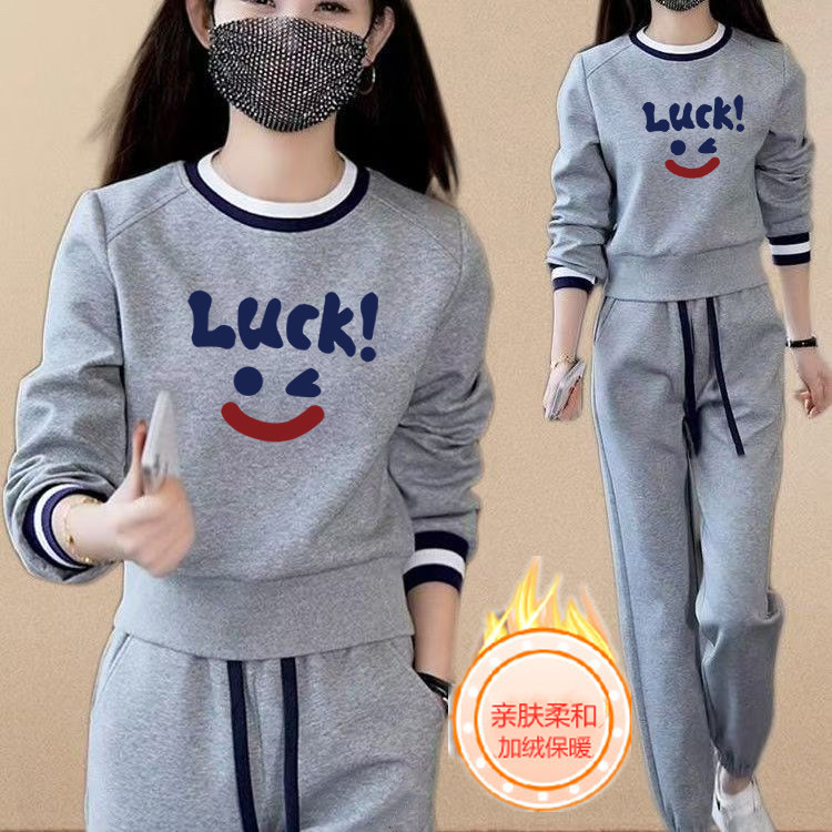 秋冬加绒加厚休闲运动服棉套装女学生新款百搭卫衣小脚裤两件套潮