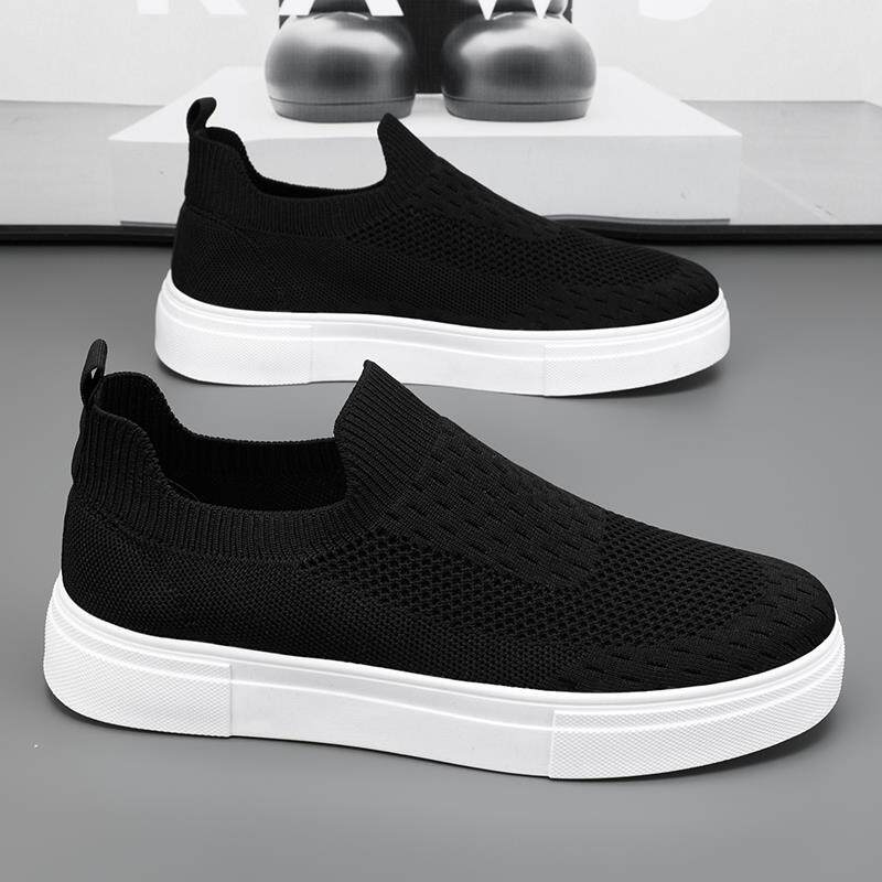 潮牌一脚蹬透气薄款黑色袜子鞋男夏季休闲飞织网面帆布鞋运动板鞋