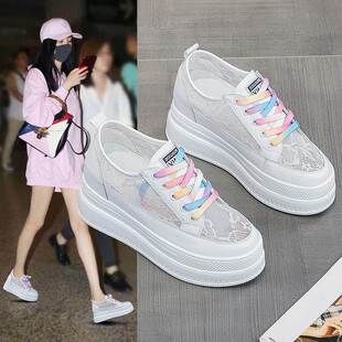 夏天蕾丝镂空小白鞋内增高8CM真皮透气网鞋坡跟凉单鞋女彩带板鞋