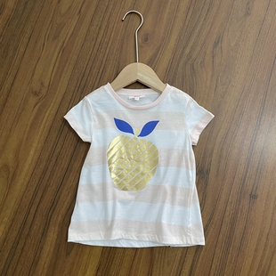 上衣新款 T恤小中童圆领条纹苹果图案吸汗透气夏季 女童纯棉短袖