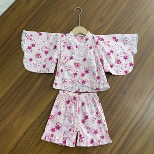 两件套 女童夏季 新款 短袖 和服两件套甜美蕾丝棉布上衣短裤