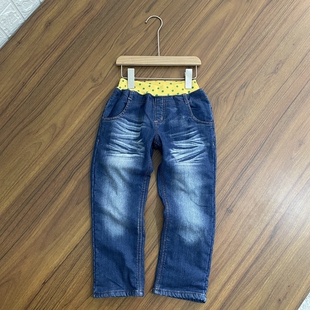 女童加绒牛仔裤小中童松紧弹力腰宽松百搭一体绒加厚裤子秋冬款