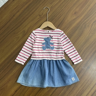 女童婴幼儿原单纯棉连衣裙可爱小熊图案条纹百搭长袖 连衣裙春秋款