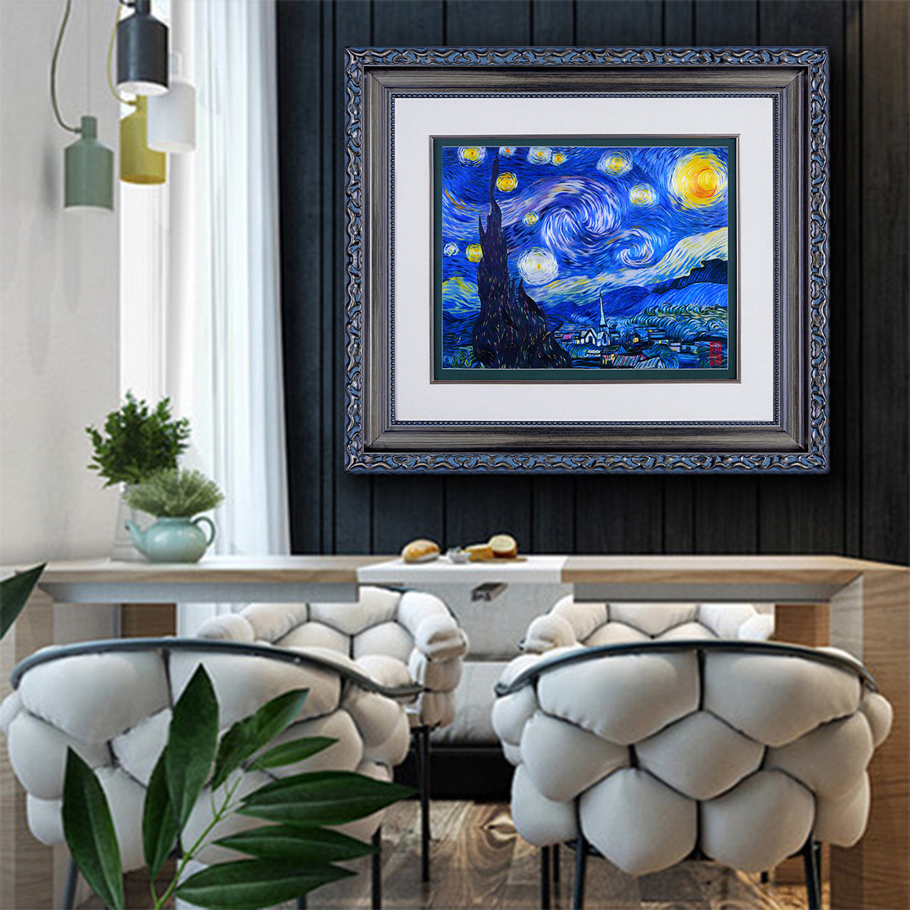 梵高装饰画艺术画挂画餐厅壁画单幅欧式墙画星空油画苏绣刺绣手工