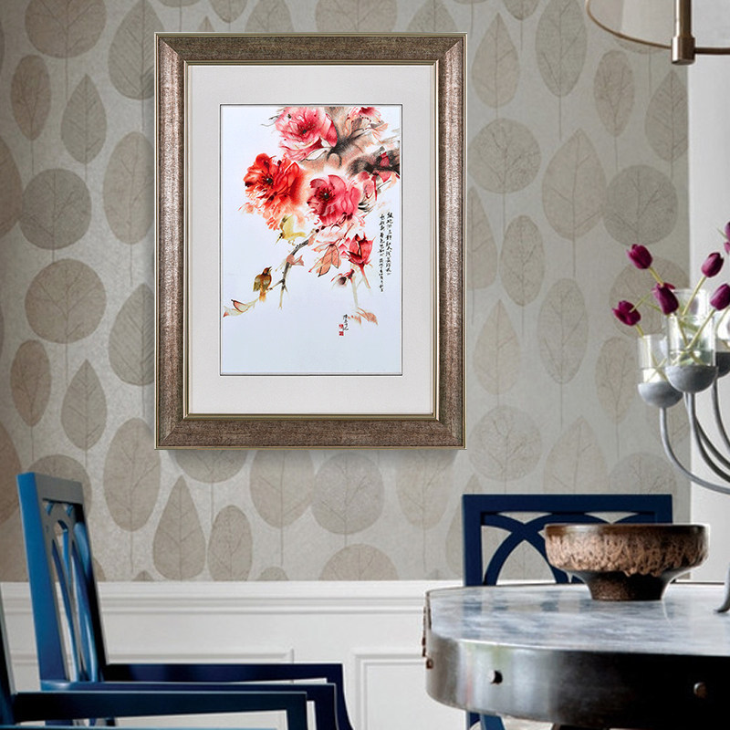 牡丹花装饰画客厅花开富贵餐厅挂画玄关壁画竖版过道中式墙画苏绣