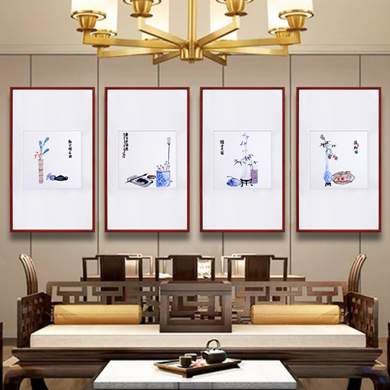 沙发背景墙装饰画简约现代客厅三连幅中式挂画中国风书房壁画苏绣