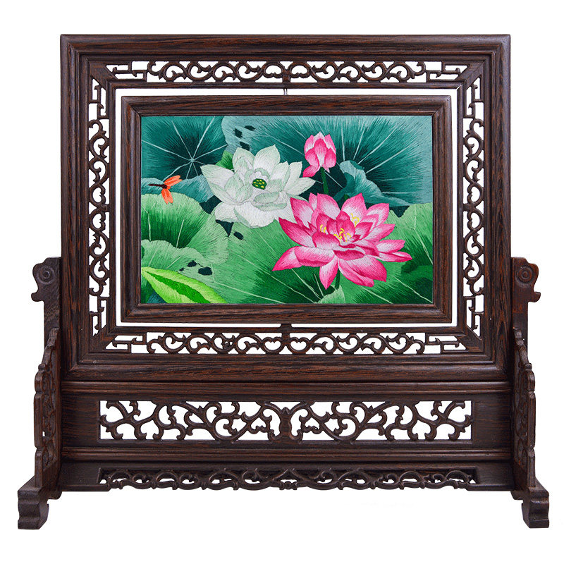 江南绣庄 双面刺绣台屏苏绣礼品花卉摆件手工多款可选 鸡翅木