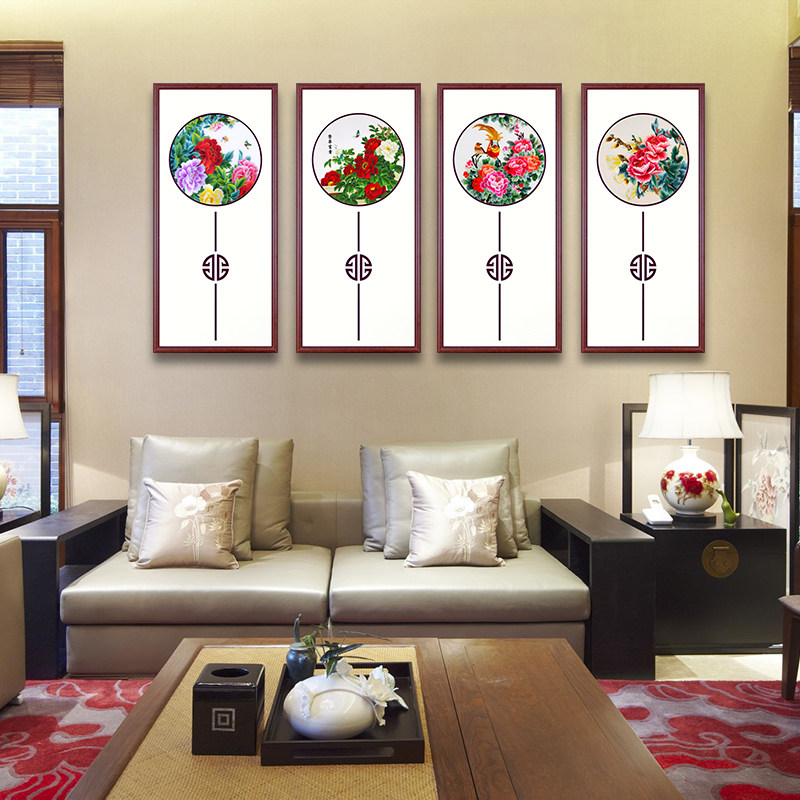 牡丹挂画客厅花开富贵玄关装饰画竖版过道简约现代中国风三联画