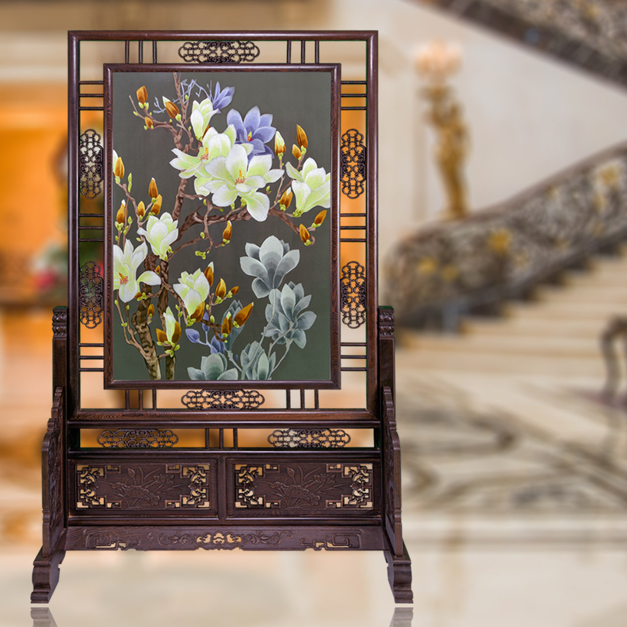 玄关摆件中式乔迁新居装饰摆设落地屏风苏州刺绣工艺品开业礼品