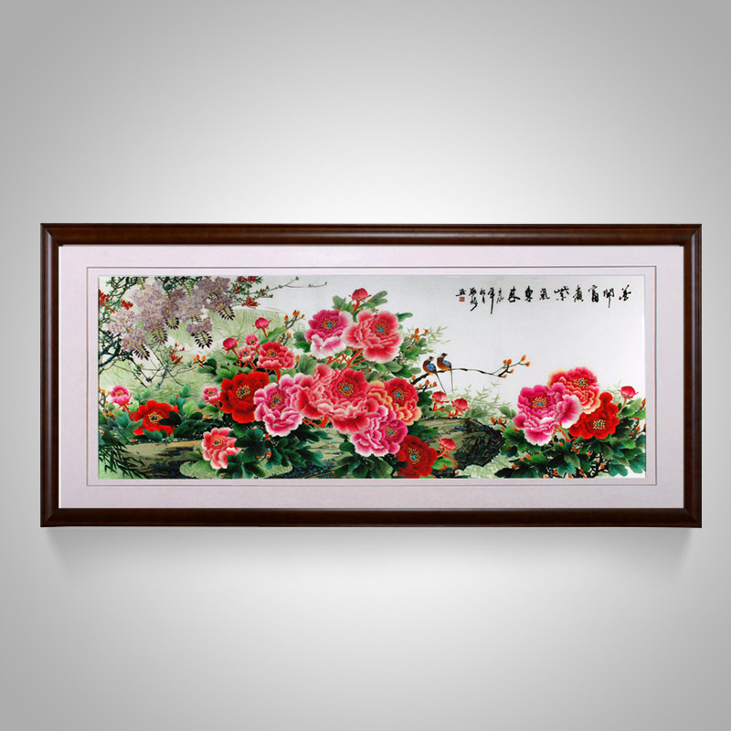 牡丹挂画花开富贵大幅装饰画客厅大尺寸壁画背景墙刺绣苏绣成品